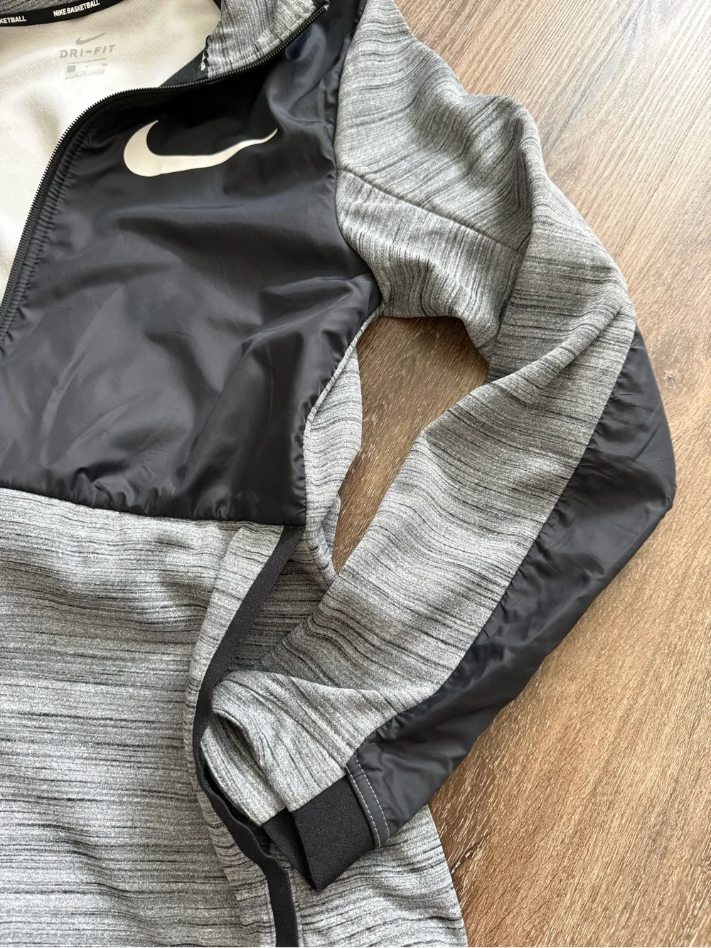 Nike Black and Gray Hooded Full-Zip Jacket with White Swoosh